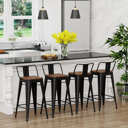 Yongchuang 24" Metal Barstools Set of 4 Counter Bar Stools with Wood Top Low Back Matte Black - WoodArtSupply