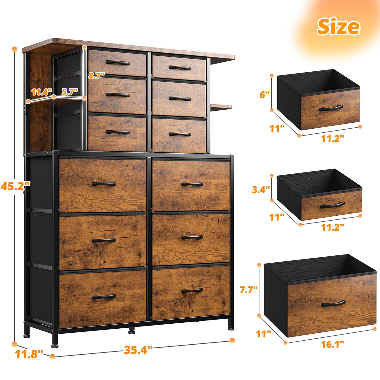 EnHomee Dresser for Bedroom with LED Lights, 12 Drawers Bedroom Dresser, Dresser and Tall Dresser with Open Shelves, Fabric Dressers & Chests of Drawers with Sturdy Metal Frame, Rustic Brown EnHomee