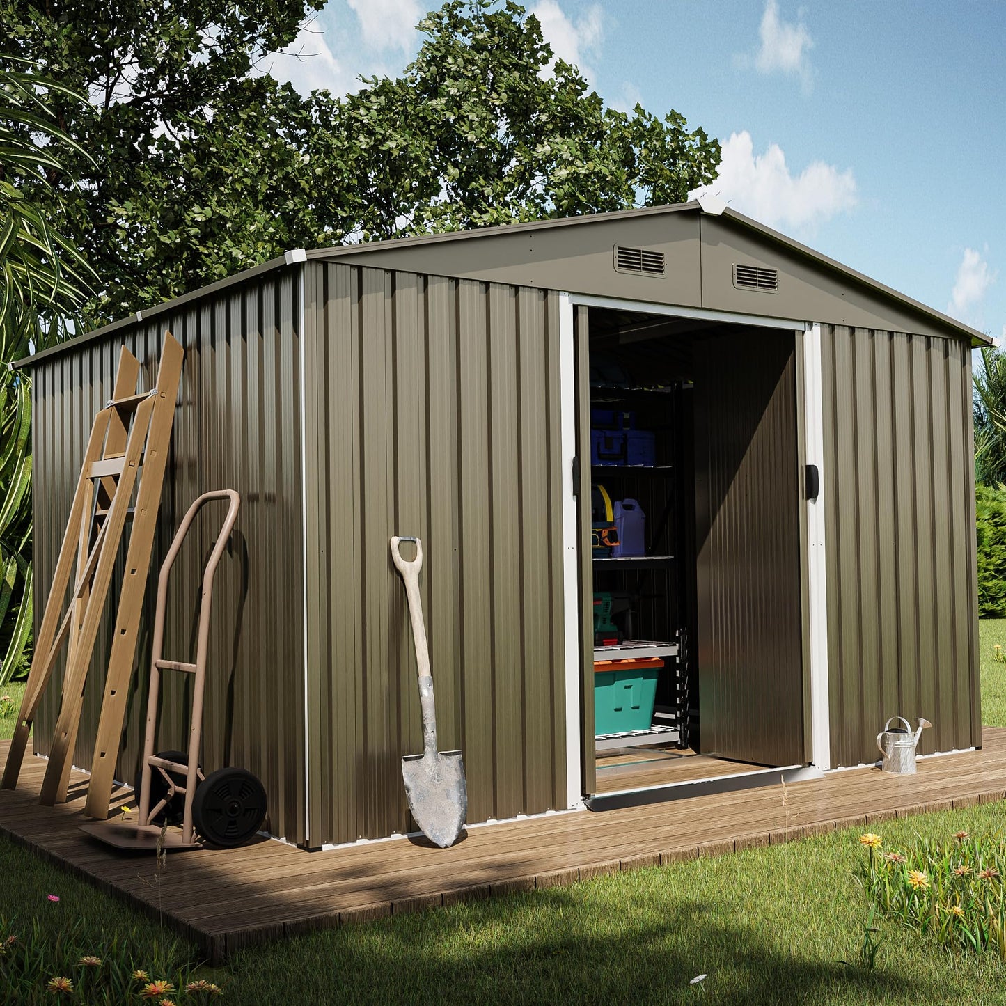 ASJMR 10FT x 8FT Outdoor Storage shed, Waterproof Lockable Door Metal Tool shed with Sliding Door and Ventilation, Gardening Tool Storage Room, Metal Storage shed for Gardens and lawns - WoodArtSupply