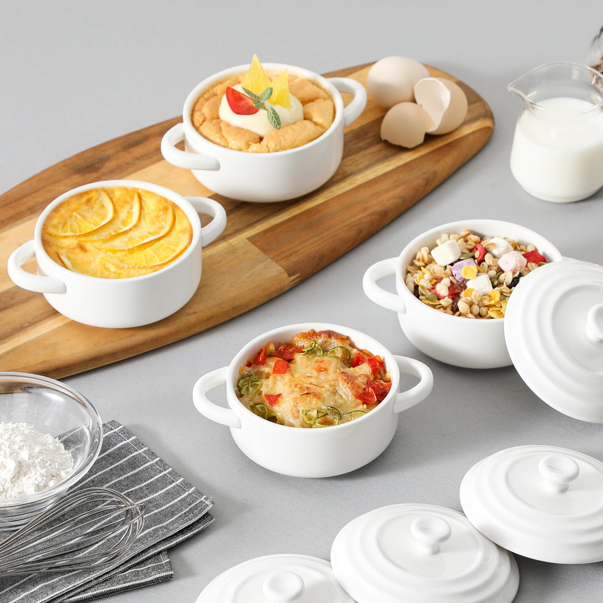 MALACASA Mini Cocotte Set - 14 OZ Small Casserole Dishes with Lids and Handles, Ceramic Mini Dutch Oven Set of 4, Small Baking Ramekins for Lasagna, Soufflé, Oven, Microwave & Dishwasher Safe, Series BAKE.BAKE MALACASA