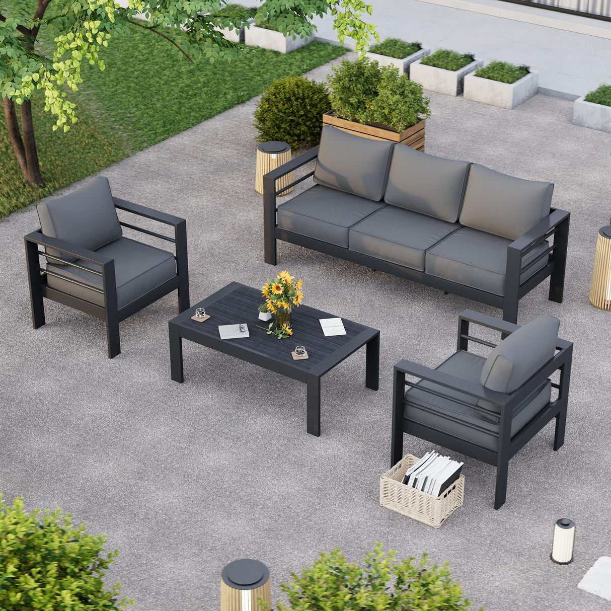 VONZOY Aluminum Patio Furniture Set, Grey Metal Outdoor Furniture Set,6 Piece Patio Furniture Set with Waterproof Covers for Backyard Garden VONZOY