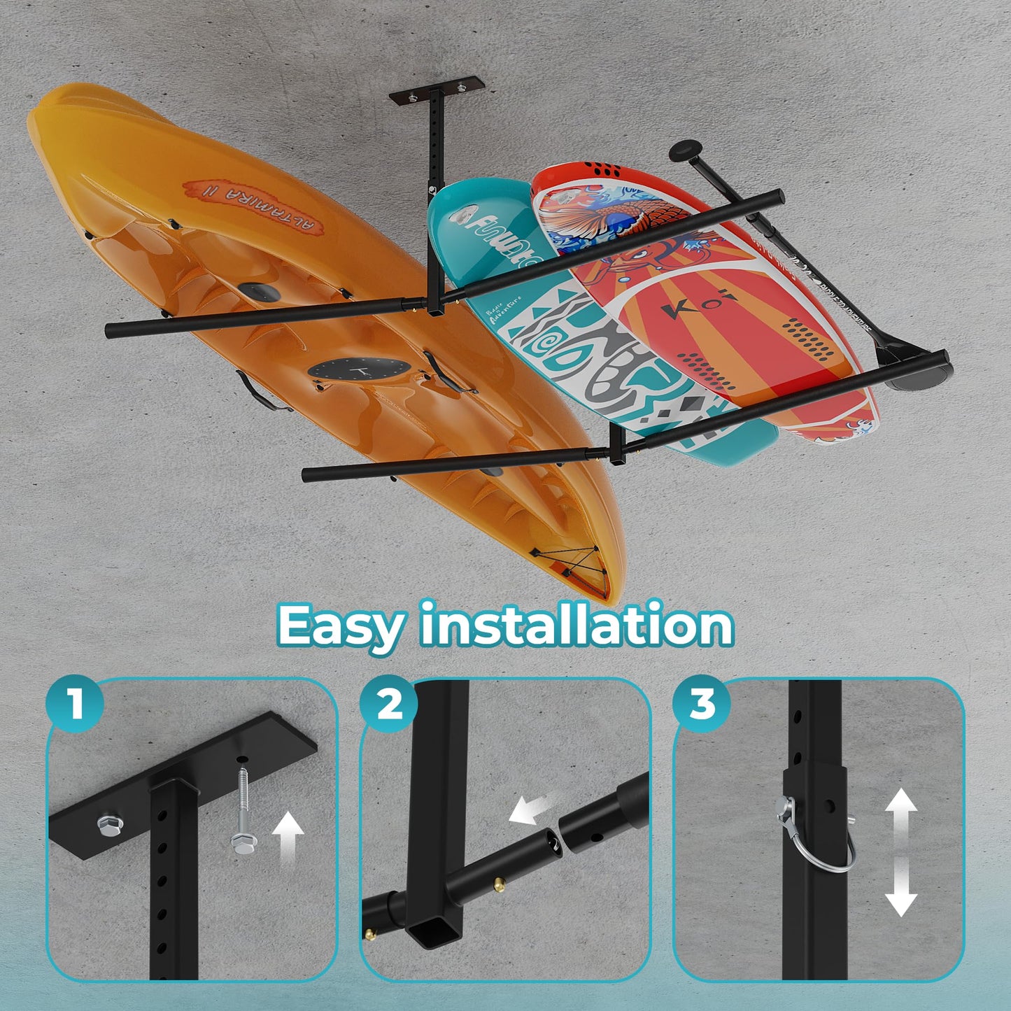 Dabolang Adjustable Ladder Ceiling Rack, Garage Surf Storage, Heavy Duty Overhead Paddleboard Hanger, Kayak Ceiling Mount Rack for Telescopic Ladder/Snowboard/Lumber. Double-sided - WoodArtSupply