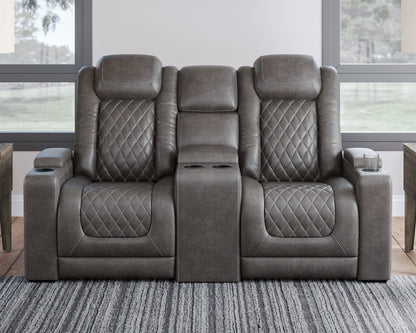 Signature Design by Ashley Hyllmont Power Reclining Loveseat with Center Console, Weathered Gray