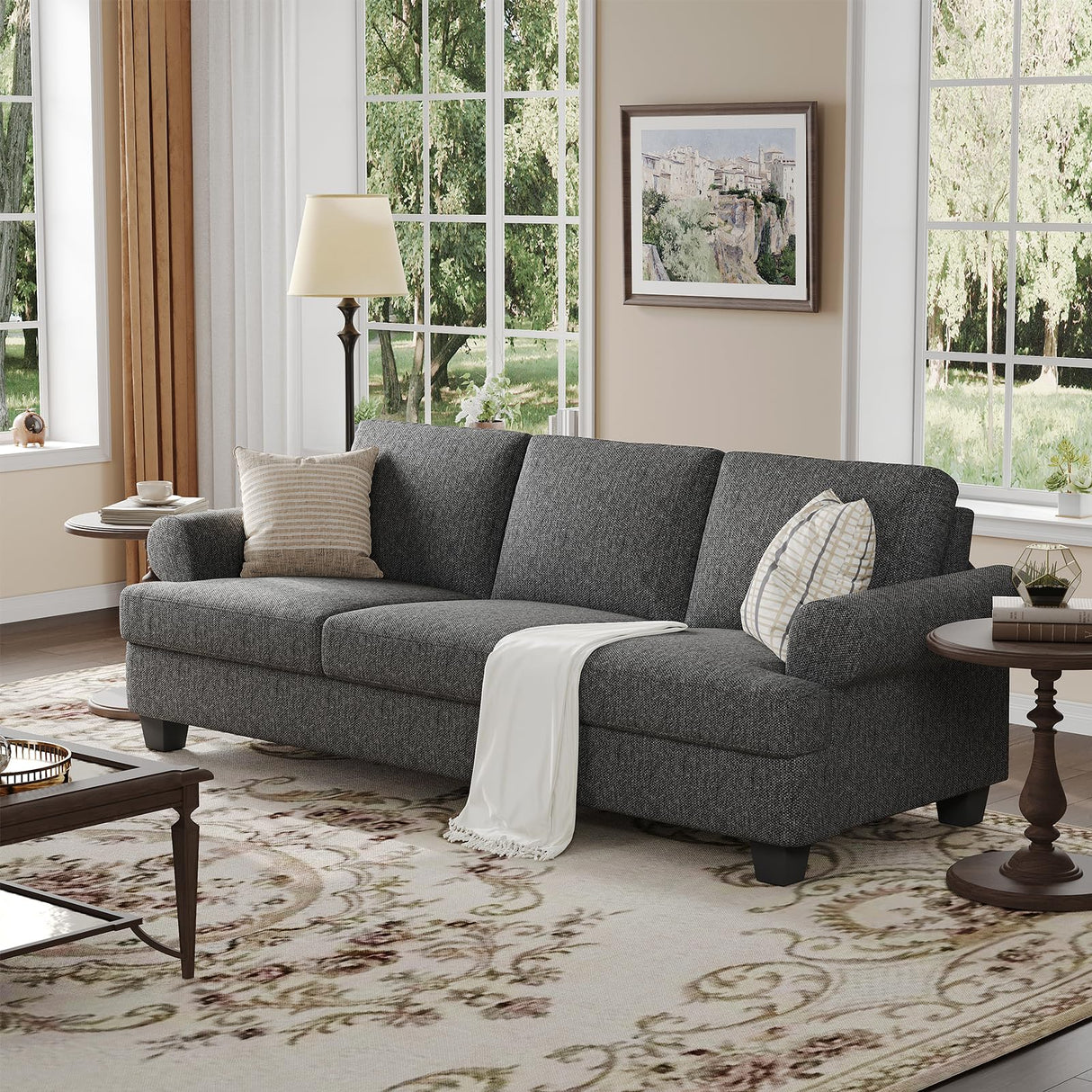 COPIAE 91 Inch Lawson Sofa with Extra Deep Seats Oversize, Mid-Century 3-Seat Sofa Couch, for Living Room, Apartment, Lounge, Dark Gray COPIAE