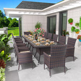 Trumbeak 15 Piece Outdoor Dining Set,Rattan Patio Conversation Set of 12 Chairs,Patio Dining Table and Chairs w/Cushions,Square Glass Tabletop,Umbrella Cutout for Patio,Sand Trumbeak