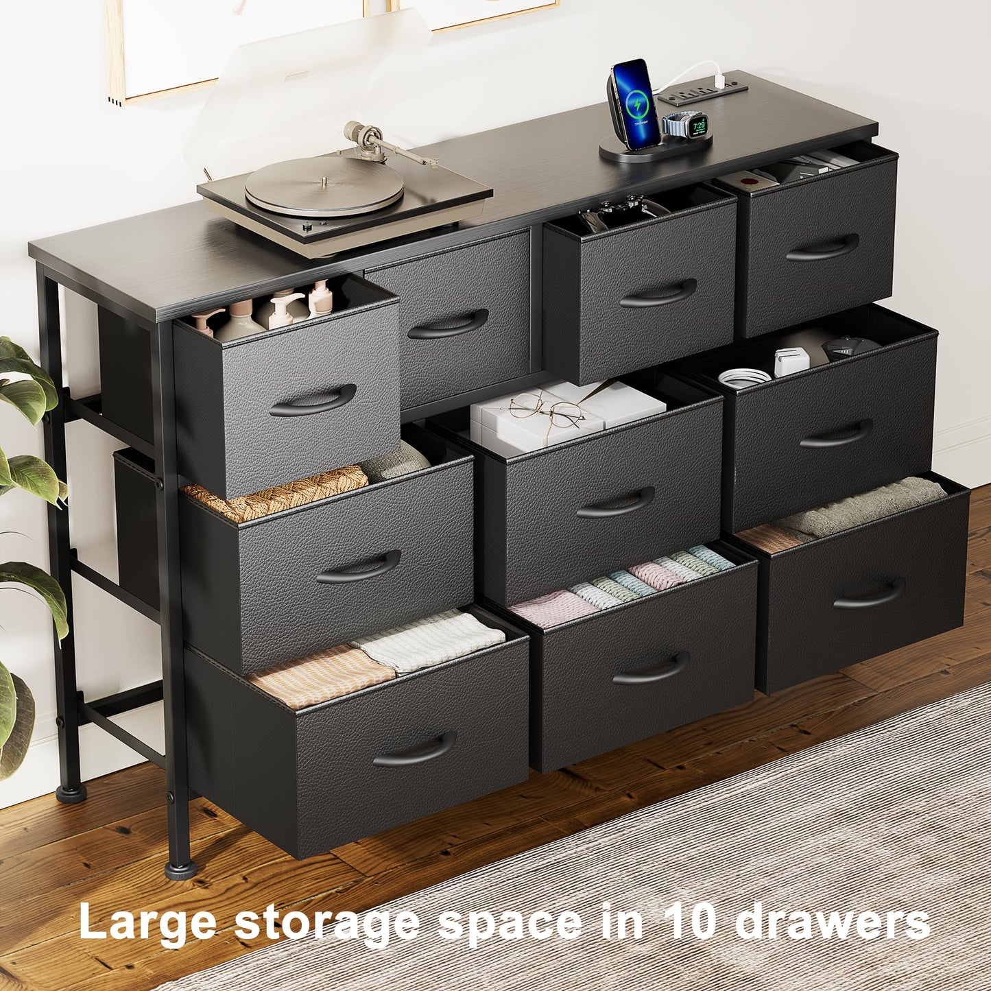 Lulive 10 Drawer Black Dresser for Bedroom, Dresser TV Stand with Power Outlet, Entertainment Center Chest of Drawers for 55'' Long TV, Wide Fabric Dresser for Storage and Organization (Black)