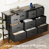 Lulive 10 Drawer Black Dresser for Bedroom, Dresser TV Stand with Power Outlet, Entertainment Center Chest of Drawers for 55'' Long TV, Wide Fabric Dresser for Storage and Organization (Black) Lulive