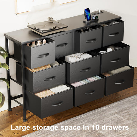 Lulive 10 Drawer Black Dresser for Bedroom, Dresser TV Stand with Power Outlet, Entertainment Center Chest of Drawers for 55'' Long TV, Wide Fabric Dresser for Storage and Organization (Black) Lulive