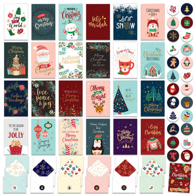Decorably 24 Pack Foiled & Glittery 6x4in Box of Christmas Cards with Envelopes and Stickers, 24 Festive Designs Boxed Christmas Cards with Envelopes with Printed Message Inside