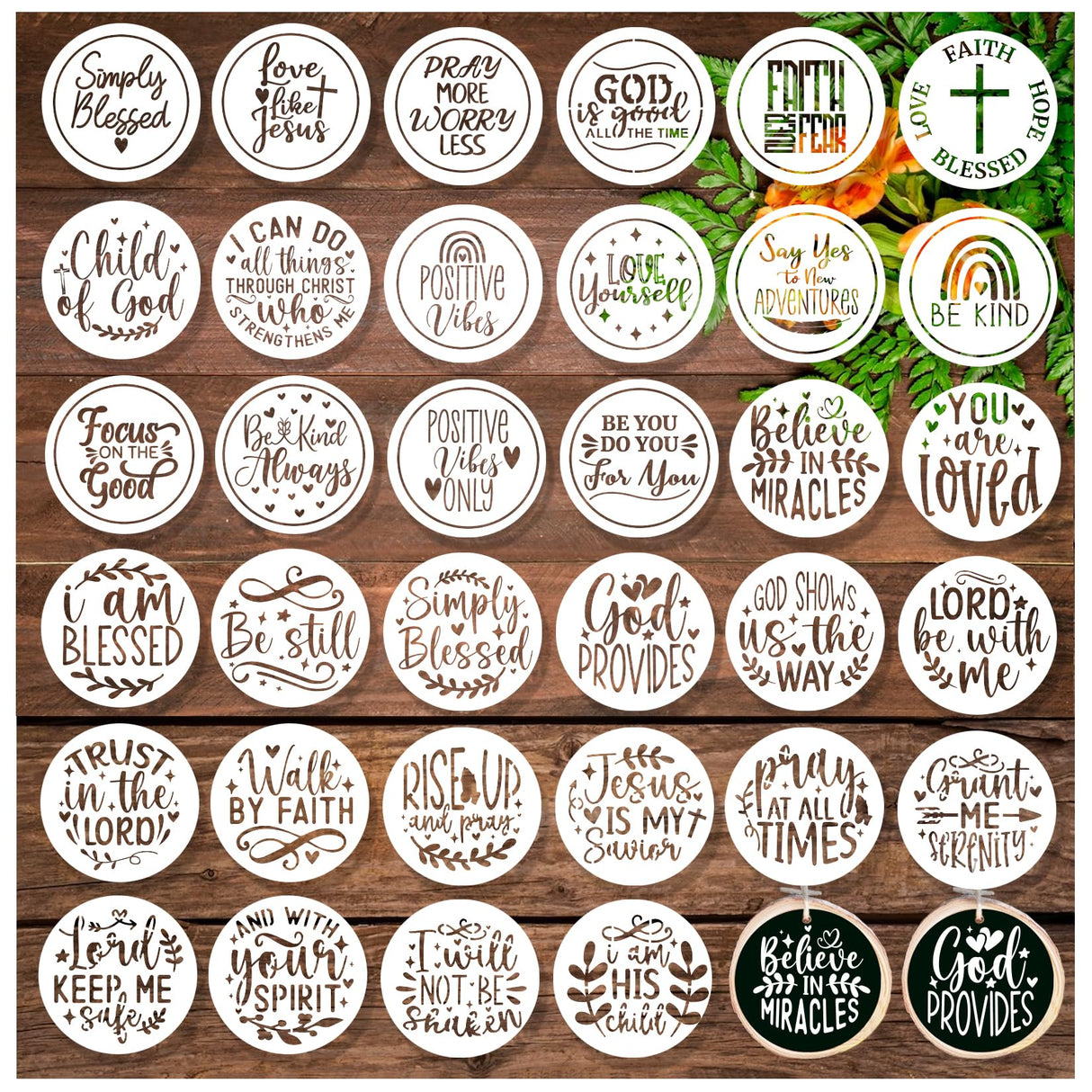 34 Pieces Inspirational Word Stencils - 3 in Motivational Quotes, Reusable Christian Sayings for Painting on Wood Signs, Wall Home Decor (34pcs Words) Huahui