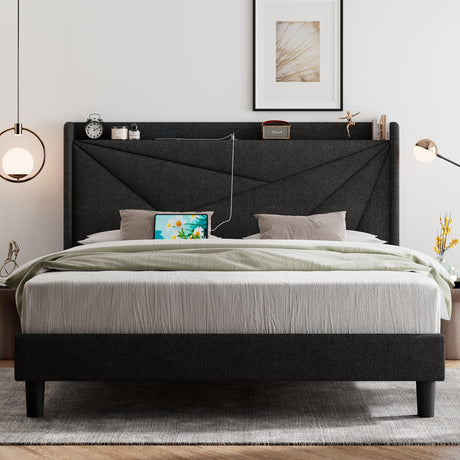 Feonase Queen Bed Frame with Type-C & USB Ports, Upholstered Platform Bed Frame with Wingback Storage Headboard, Solid Wood Slats Support, No Box Spring Needed, Noise-Free, Charcoal Gray Feonase