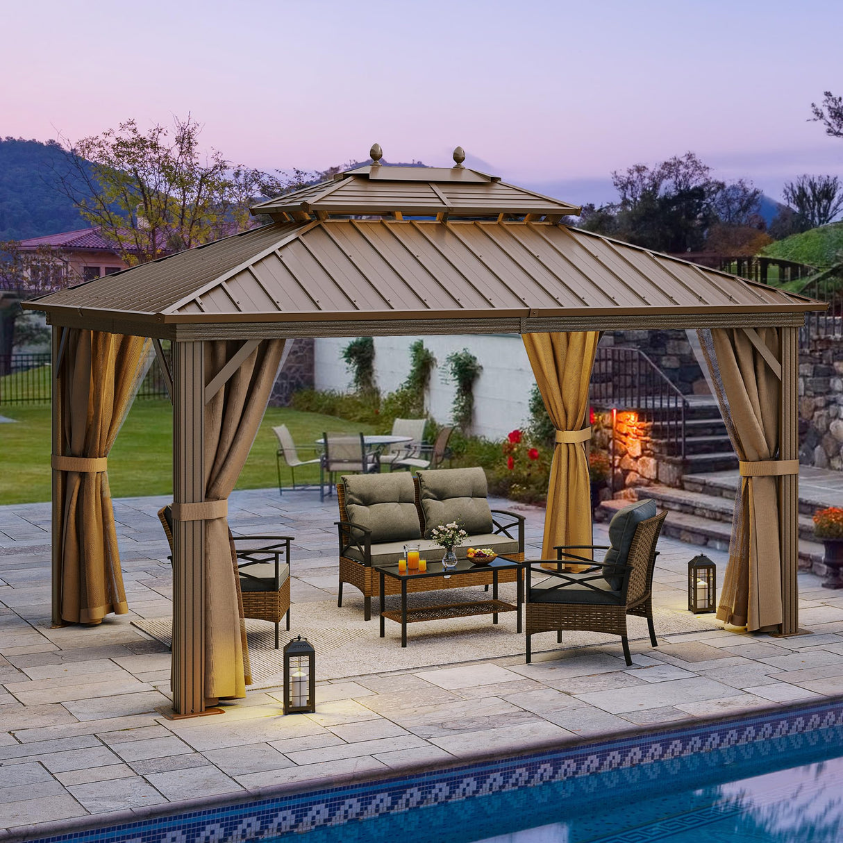 YITAHOME 10x12ft Gazebo Hardtop with Nettings and Curtains, Heavy Duty Double Roof Galvanized Steel Outdoor Combined of Horizontal Vertical Stripes Roof for Patio, Backyard, Deck, Lawn, Bronze YITAHOME