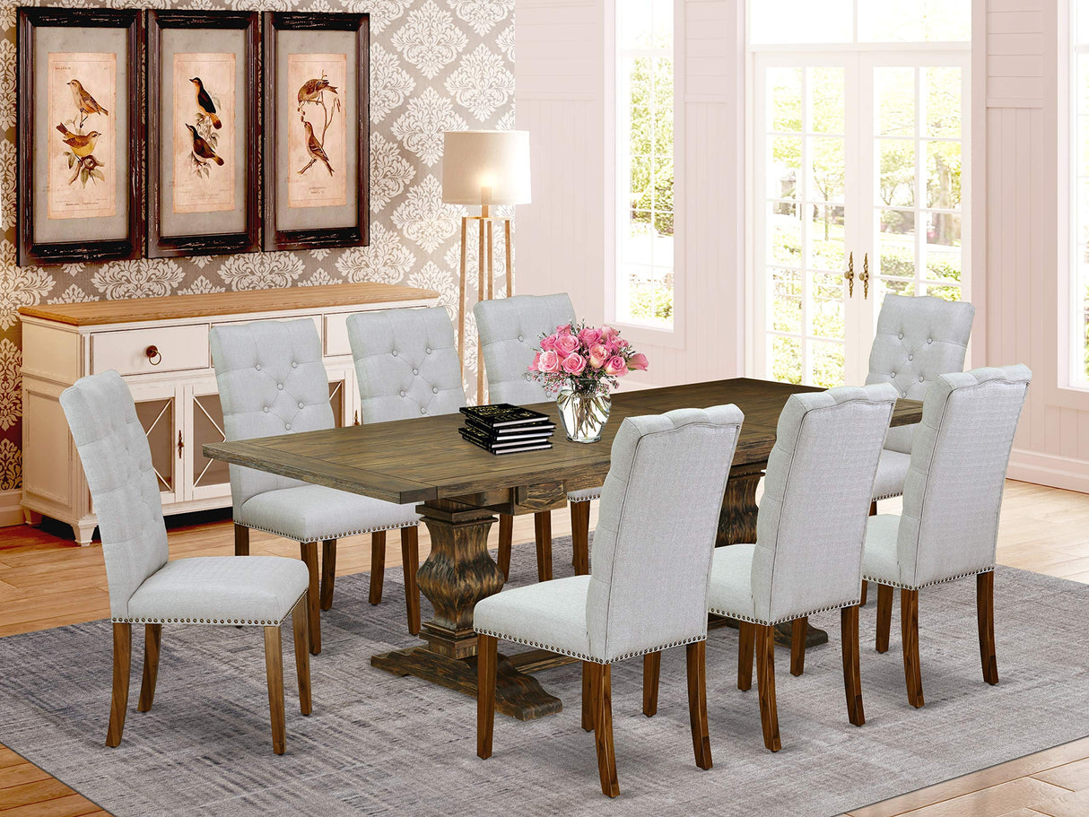 East West Furniture LAEL9-78-05 9 Piece Dining Set Includes a Rectangle Dining Room Table with Removable Leaf and 8 Grey Linen Fabric Upholstered Chairs, 42x92 Inch, Jacobean East West Furniture