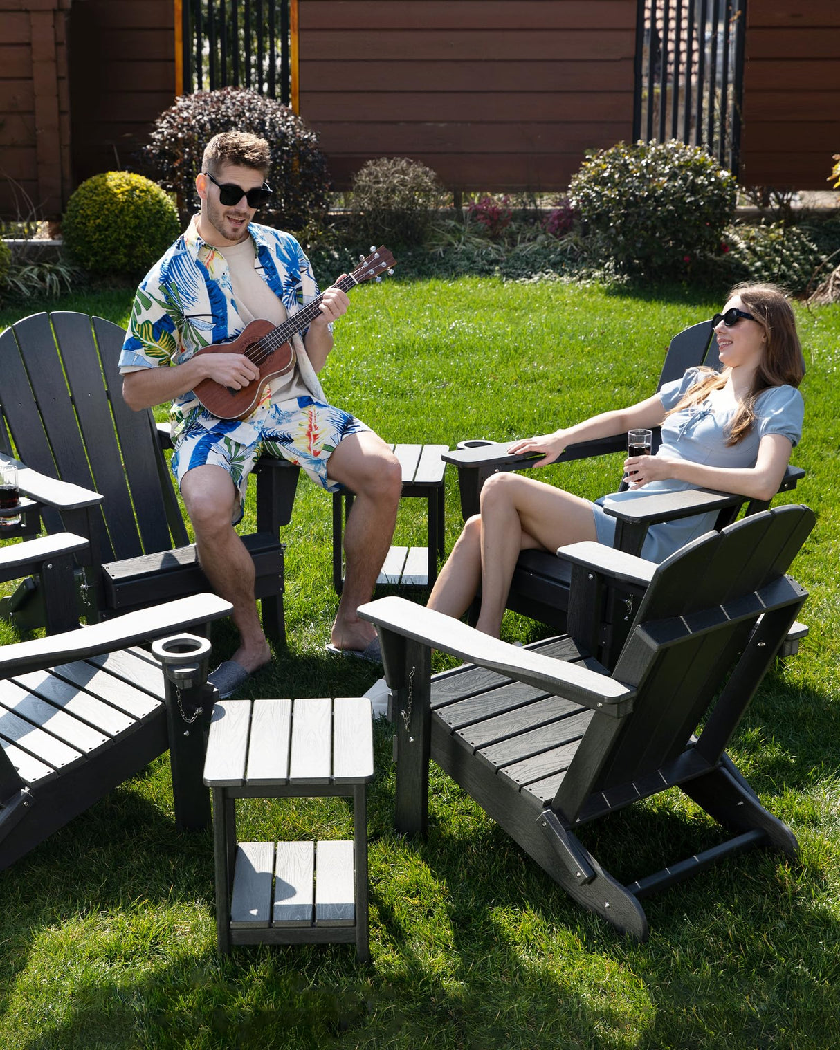 Serique Folding Adirondack Chair Wood Texture, Patio Chair Weather Resistant, Outdoor Chair, Lawn Chair with Cup Holder, Fire Pit Chair for Deck, Outdoor, Porch, Backyard, Garden (Black) Serique