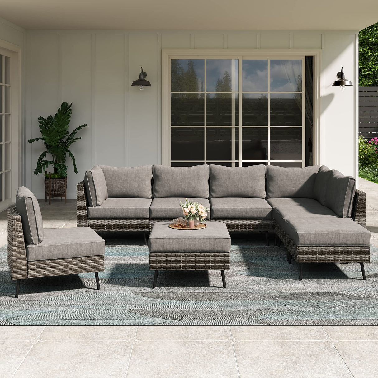 LAUSAINT HOME 8 Piece Outdoor Sectional Sofa PE Rattan Patio Conversation Sets, All Weather Patio Furniture Set with Thick Cushions for Garden, Poolside, Backyard (Grey) LAUSAINT HOME