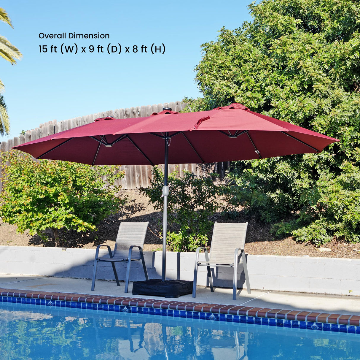 Home Zone Living 15x9 Ft Double Head Patio Umbrella with Base, 36 LED Lights, Sand Bags, UV Resistant & Waterproof, 213 LBS Total Weight, Burgundy Red Home Zone Living