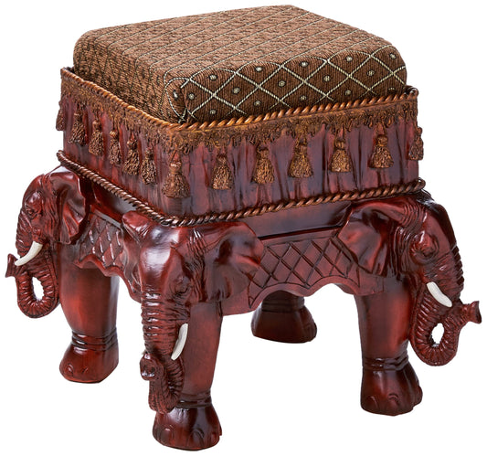 Design Toscano Maharajah Elephants Indian Decor Upholstered Footstool, 13 Inches Tall, Handcast Polyresin, Wood Tone Finish