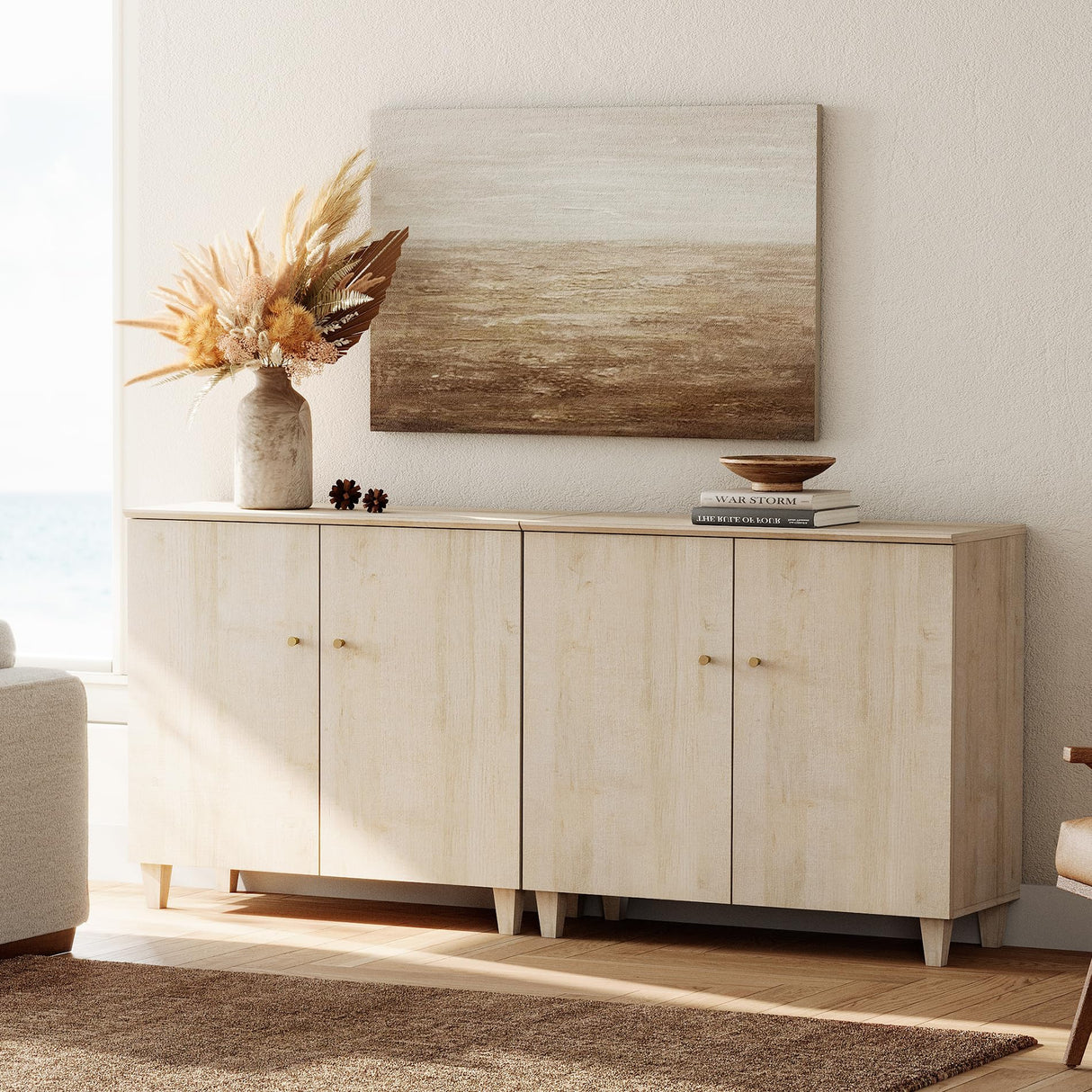 WAMPAT Modern TV Stands Media Console Tables for 75+ Inches TVs, 2 in 1 Wooden Entertainment Center Cabinet with 4 Doors and Storage Shelf for Living Room, Bedroom, 70", Light Oak WAMPAT