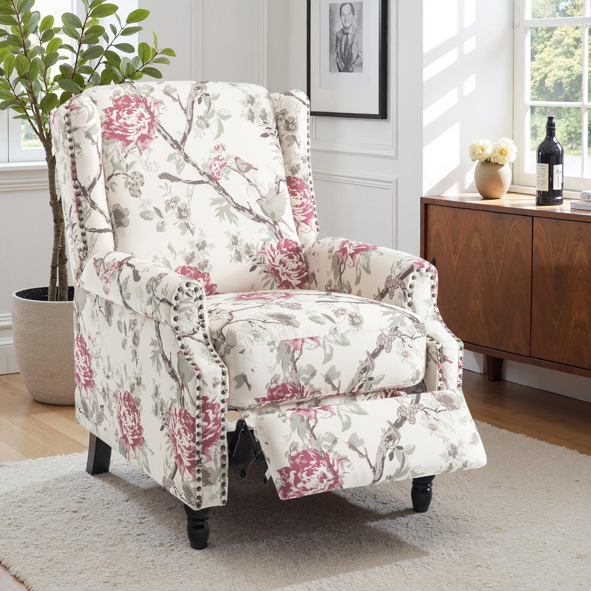 Pushback Recliner Chair Set of 2, Floral Fabric Wingback Recliner Chair, Upholstered Armchair Push Back Recliner, Rivet Trim Single Sofa Accent Chair with Wood Legs for Living Room, Plants Floral Lumibee