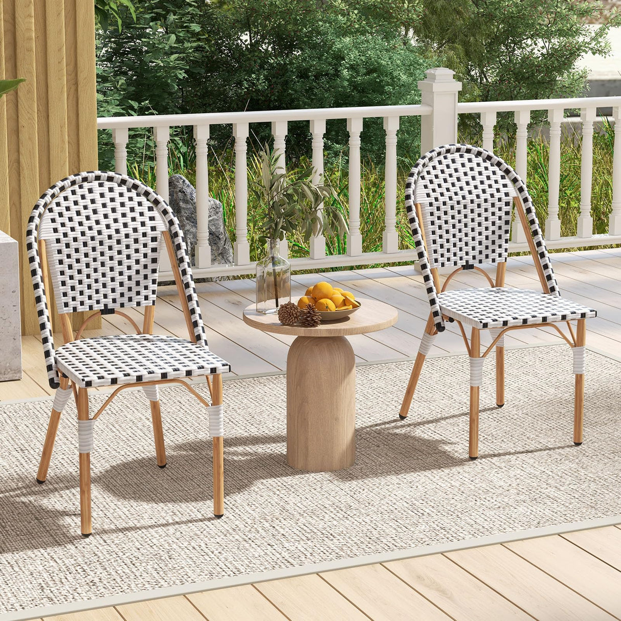 Tangkula French Bistro Chair Set of 4, Outdoor Armless Dining Chairs with Hand-Woven Rattan, Accent Chairs with Galvanized Metal Frame for Garden Kitchen Backyard Porch (Black & White) Tangkula