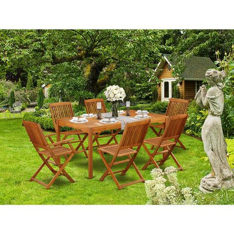 East West Furniture CMCM72CANA Cameron 7 Piece Patio Dining Set Consist of a Rectangle Outdoor Acacia Wood Table and 2 Folding Arm 4 Side Chairs, 36x66 Inch, Natural Oil East West Furniture