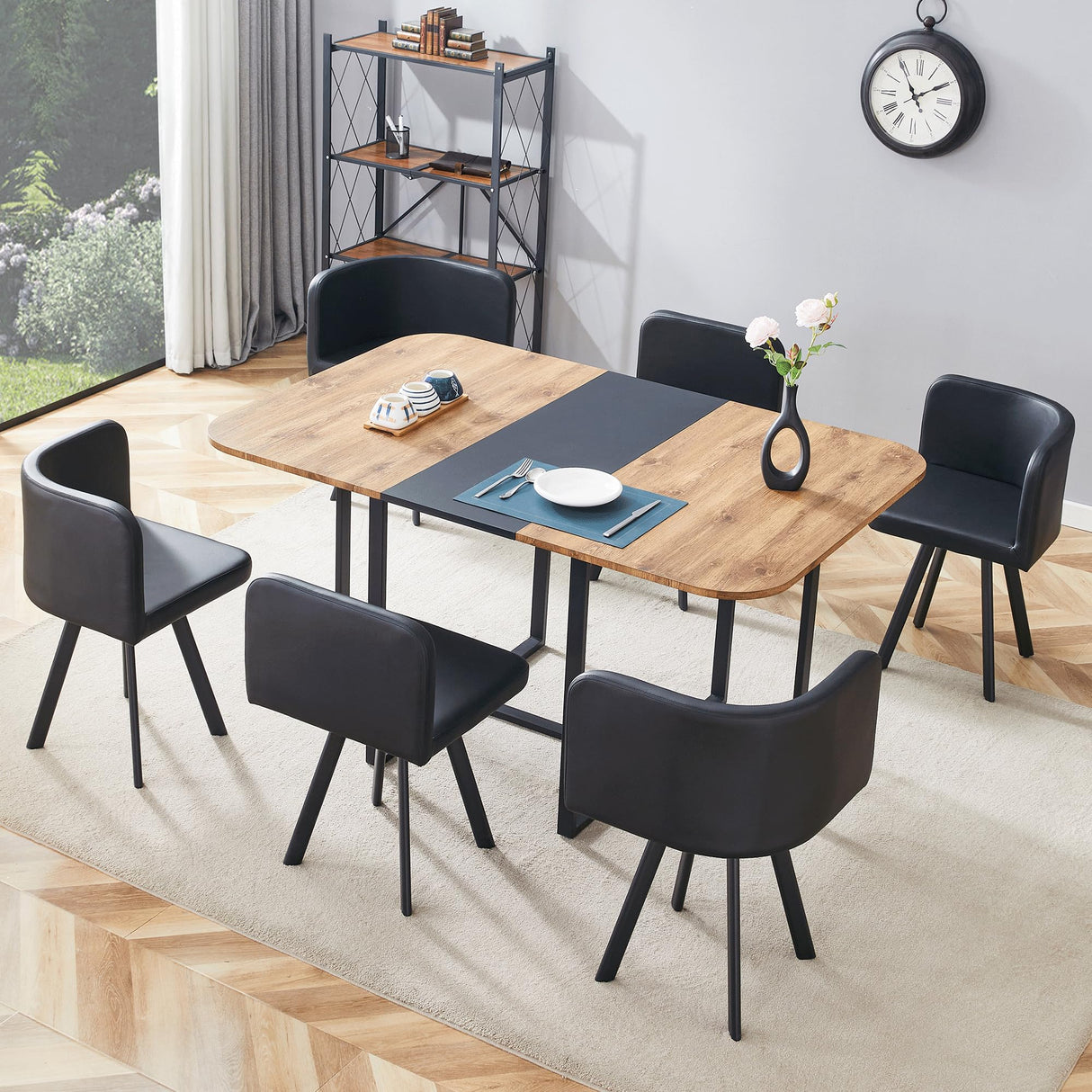 LFVFFA Dining Room Table Set for 6, Space-Saving 60" Wood Color Kitchen Table with PU Leather Chairs, Modern 7-Piece Retangular Dinner Table Set for Apartment Conference Room Small Spaces LFVFFA