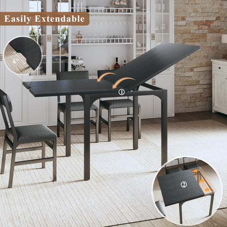 7-Piece Dining Table Set for 4-6, Extendable Kitchen Table Cushion Chairs Set of 6 with 6 Chairs, Rectangle Dining Table with Metal Frame & MDF Board, Folding for Small Apartment Saving Space, Black HUAHUU
