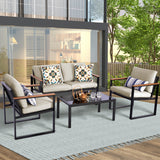 NATURAL EXPRESSIONS 4 Pieces Patio Furniture Sets,Metal Outdoor Patio Furniture Sets,Outdoor Sectional Furniture Patio Conversation Set,Wooden Anti-Scald Armrest,Sling Mesh,4" Olefin Cushions NATURAL EXPRESSIONS