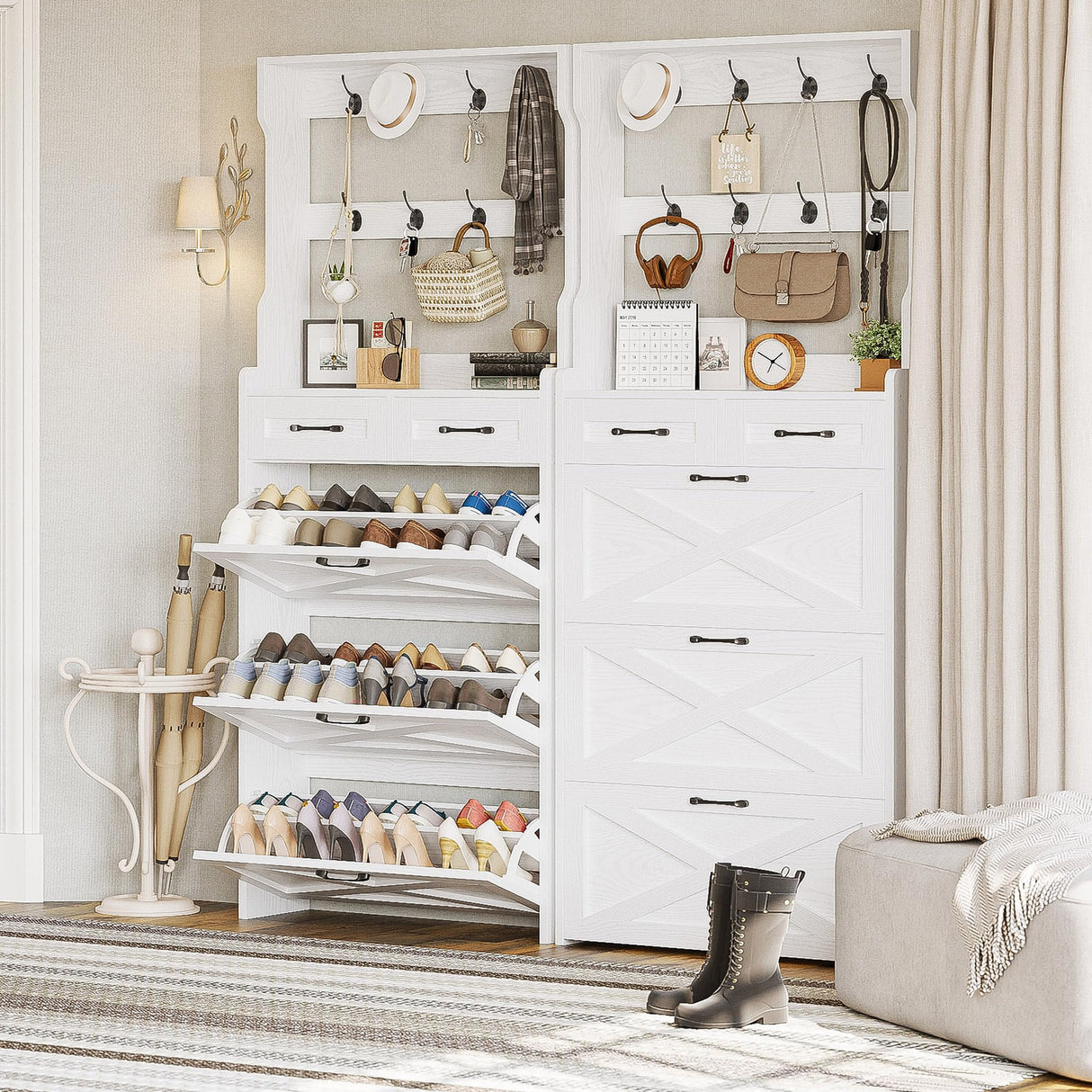 IRONCK Shoe Cabinet with 3 Flip Drawers & Coat Rack, Freestanding Wood Shoe Storage Organizer for Entryway, Hidden Narrow Shoe Rack Cabinet Organizer for Hallway Living Room, 2 in 1 Hall Tree White IRONCK