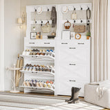 IRONCK Shoe Cabinet with 3 Flip Drawers & Coat Rack, Freestanding Wood Shoe Storage Organizer for Entryway, Hidden Narrow Shoe Rack Cabinet Organizer for Hallway Living Room, 2 in 1 Hall Tree White IRONCK