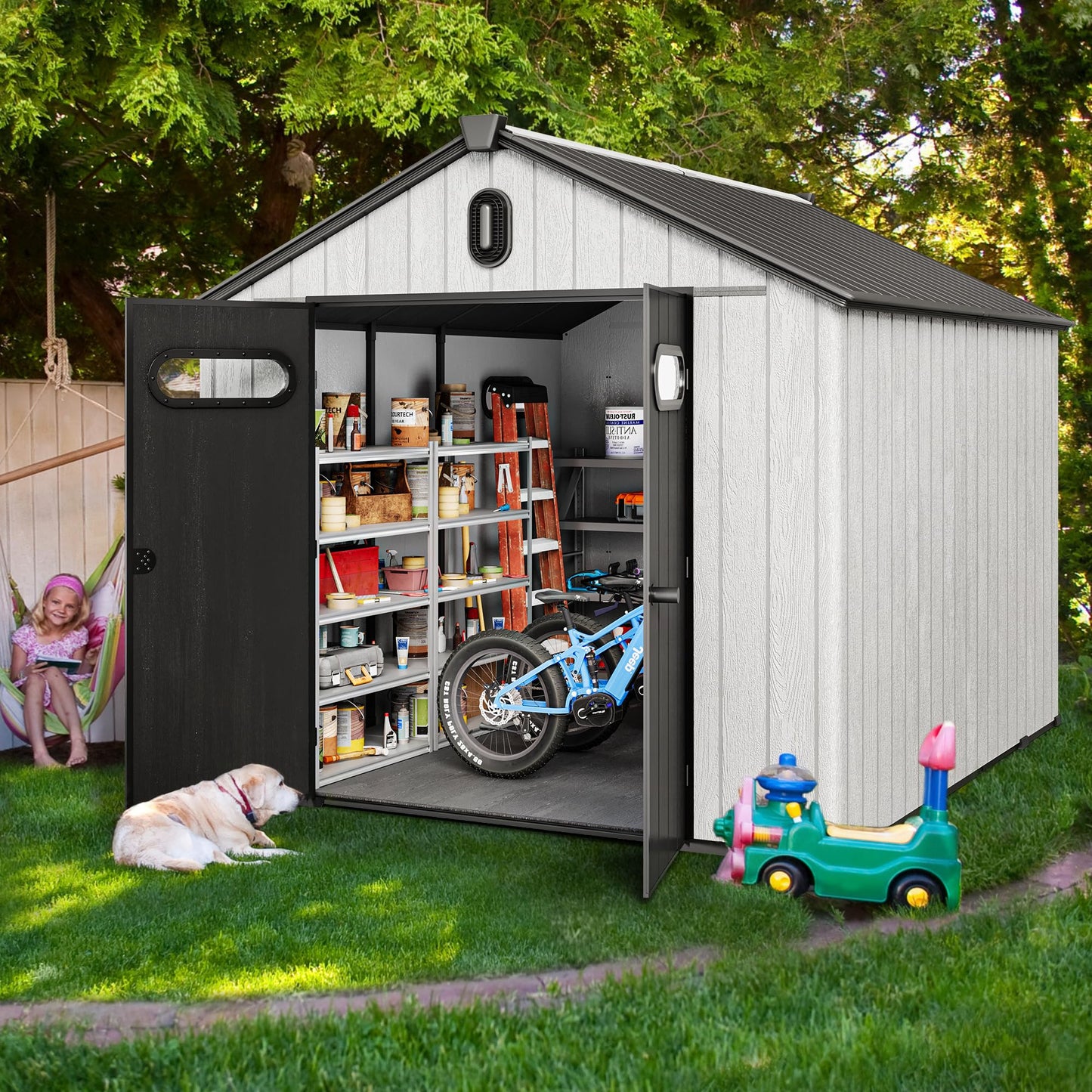 YITAHOME 8x10ft Outdoor Resin Storage Shed with Floor, 544 cuft Waterproof Garden Shed with Lockable Door, Windows & Vents, Plastic Tool Storage for Patio Furniture, Lawnmower, and Bike Stora - WoodArtSupply