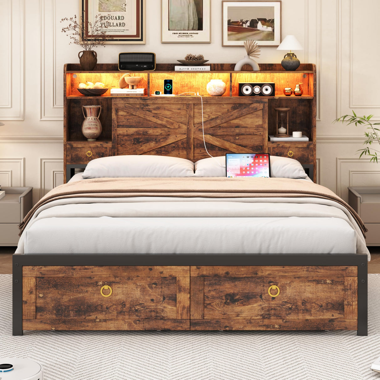 TIGUBFRE Queen Bed Frame with 4 Drawers Bookshelf Headboard, Farmhouse Bed Frame with Charging Station & LED Lights, Metal Slats Support, Noise Free, No Box Spring Needed Rustic Brown TIGUBFRE