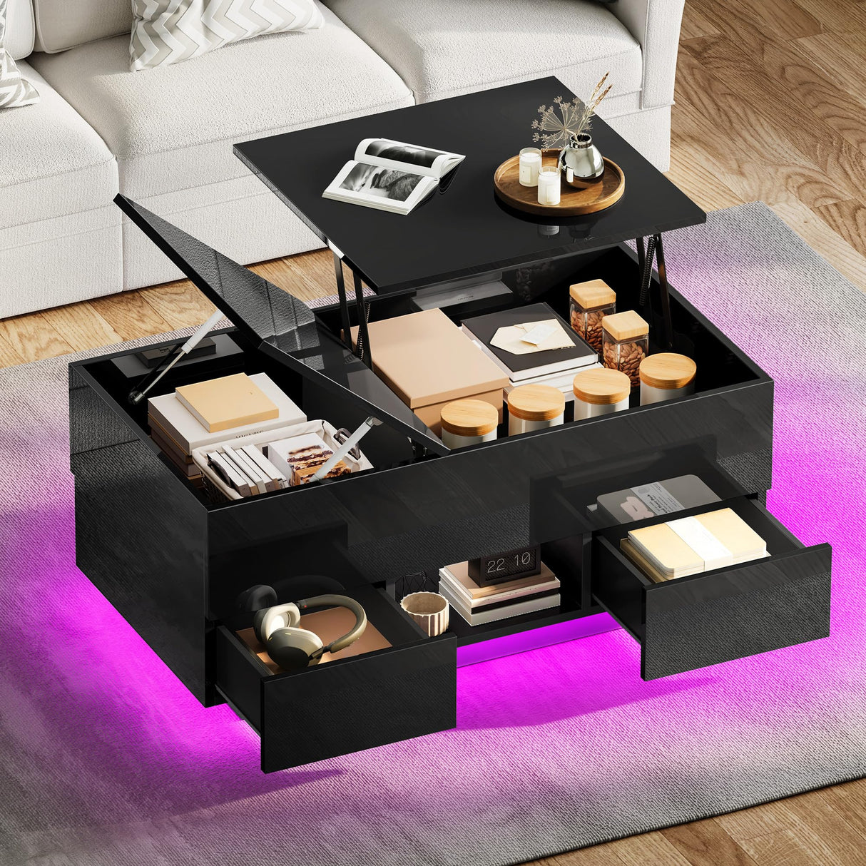 YITAHOME LED Lift Top Coffee Tables for Living Room with Power Outlets Charging Station, Modern Coffee Table with Storage 2 Drawers & Open Shelfs Rectangular Small Center Cocktail Table, Glossy Black YITAHOME