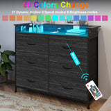 Welfuturer Black Dresser for Bedroom with LED Light & Charging Station Dresser with 6 Drawers Storage Tower for Closet Living Room Hallway Entryway Sturdy Steel Frame Double Wooden Tabletop Welfuturer