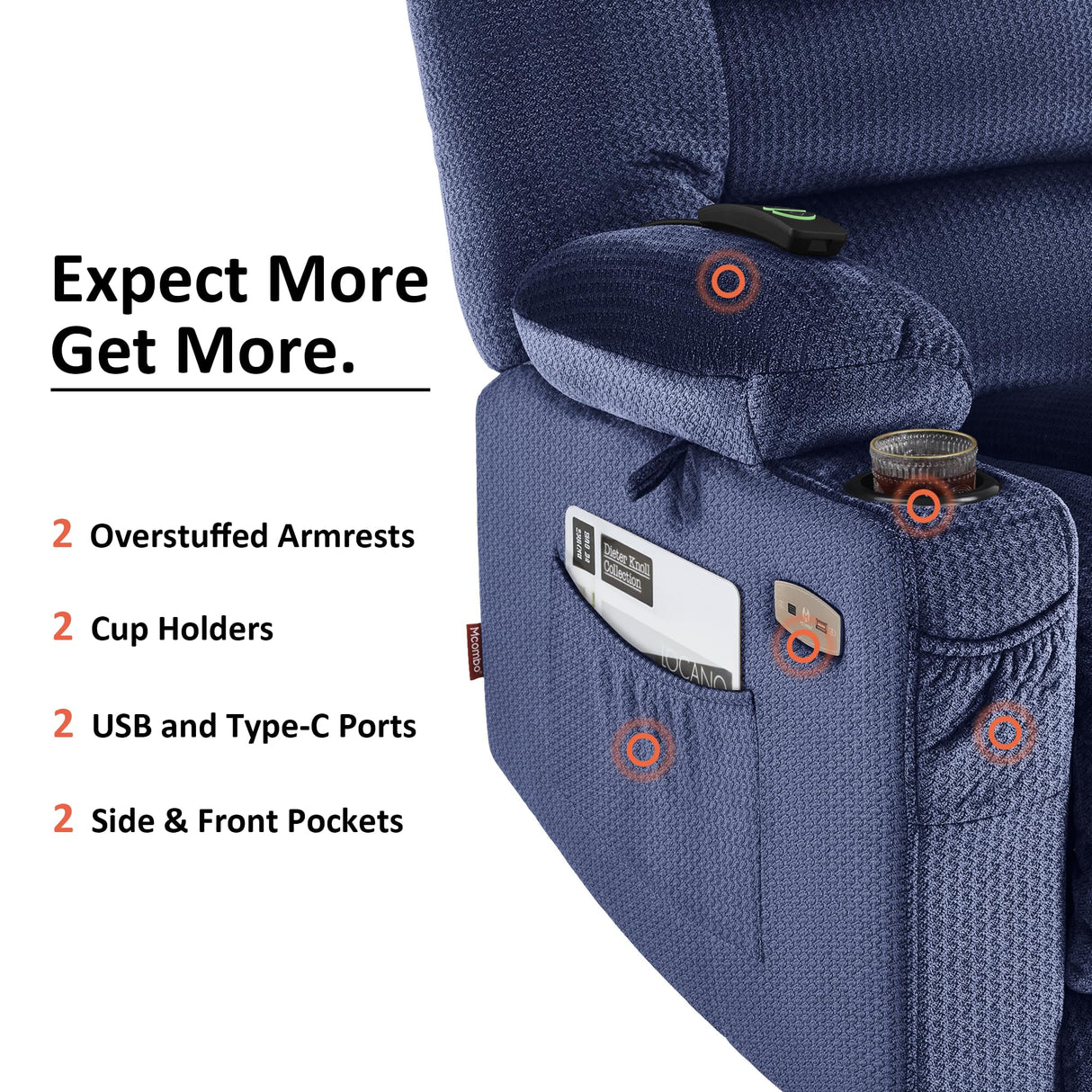 MCombo Zero Gravity Power Recliner Chair with Heat and Vibration Massage, Reclining Chair with USB & Type C Ports, Cup Holders for Living Room, Fabric 6079 (Navy Blue Medium 21.2" Seat Width) MCombo