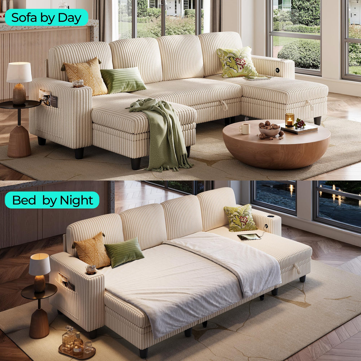 LINSY HOME Sectional Sleeper Sofa with Pull Out Couch Bed - Convertible Plush Corduroy Cloud Couch with Storage Chaise & USB Charging, Comfy U Shaped Modular Couches for Living Room, Beige LINSY HOME
