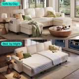 LINSY HOME Sectional Sleeper Sofa with Pull Out Couch Bed - Convertible Plush Corduroy Cloud Couch with Storage Chaise & USB Charging, Comfy U Shaped Modular Couches for Living Room, Beige LINSY HOME