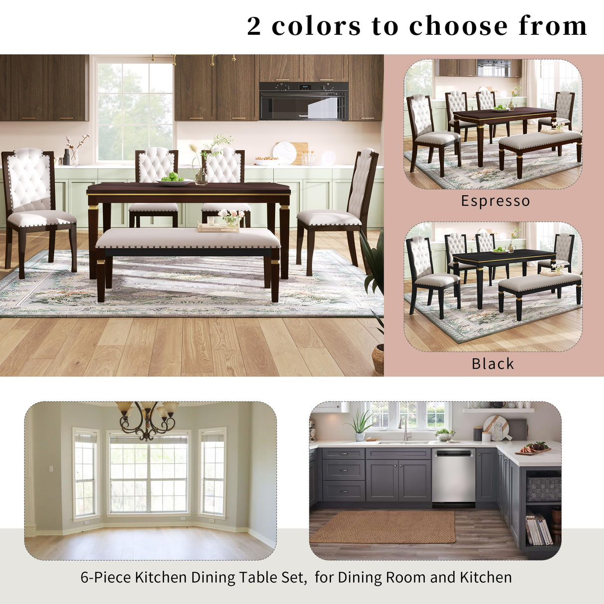 Merax 6-Piece Solid Wood Dining Table Set, Modern Elegant 60" Rectangular with 4 High-Back Tufted Upholstered Chairs + 1 Bench for Kitchen Room, Espresso Merax