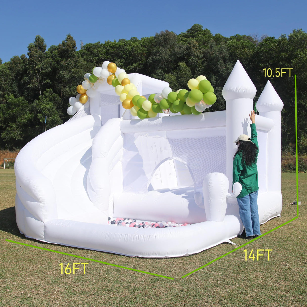 White Bounce House for Adult Kids, 16FT Large Commercial PVC Bounce House Castle w/Widened Curved Slide & Big Ball Pit, 1100w Blower, 16x14x10.5ft Inflantteble