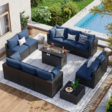 Aoxun 12 Piece Patio Furniture Set with 44” Fire Pit Table Wicker Rattan Patio Sectional Sofa Set Outdoor Seating Furniture with Thickened Cushion, Navy Blue Aoxun