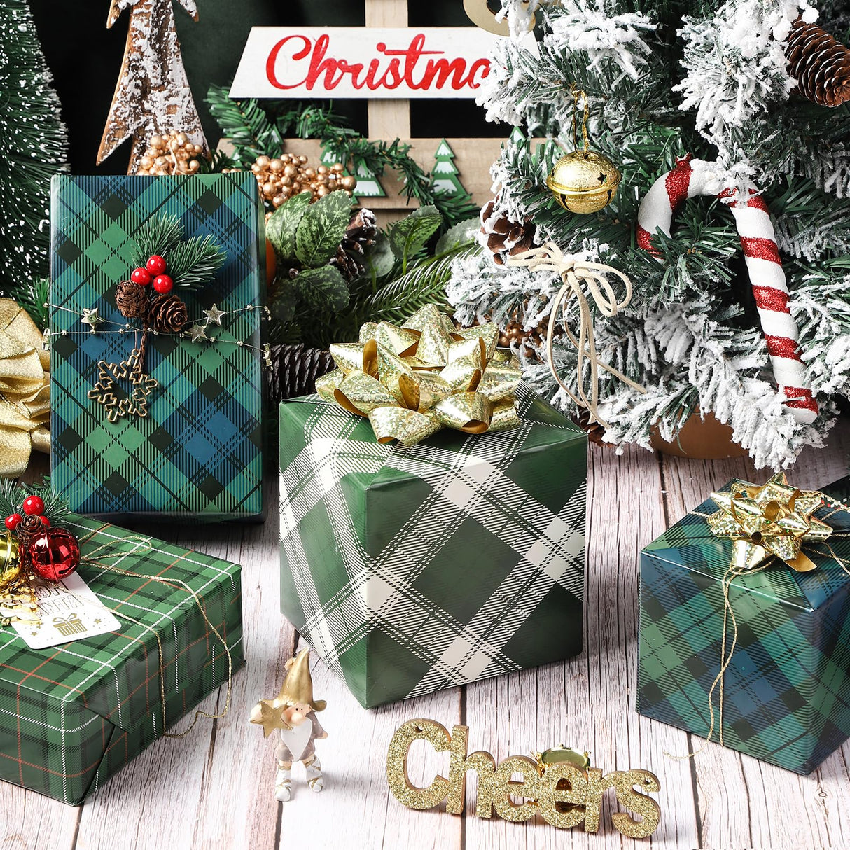 LeZakaa Christmas Green Wrapping Paper, 12 Folded Sheet with 4 Different Tartan Plaid Design for New Year Celebrations Holiday Gift Wrapping, 27.5 x 19.6 inches Per Sheet LeZakaa