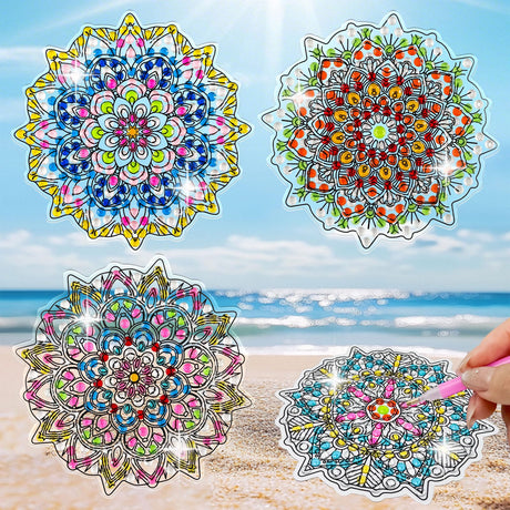 LINGFANG 4 Pcs Diamond Art Stained Glass Window Clings with Diamond DIY Pen Tools, Diamond Painting Window Stickers for Suncatchers, Diamond Art Kits for Adults, Diamond Art Accessories (Mandala 4) LINGFANG