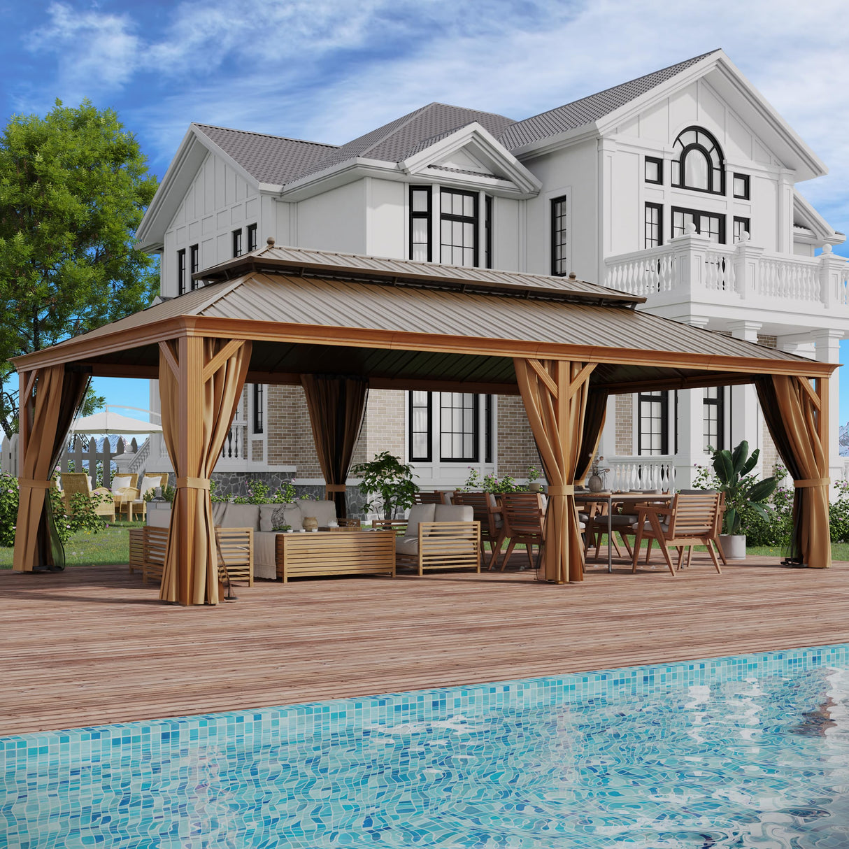 GAZEBEST 14' X 24' Permanent Hardtop Gazebo, Outdoor Galvanized Steel Double Roof Pavilion Pergola Canopy Wood-Looking with Aluminum Frame and Privacy Curtains for Garden,Patio Backyard,Deck and Lawns GAZEBEST