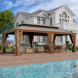 GAZEBEST 14' X 24' Permanent Hardtop Gazebo, Outdoor Galvanized Steel Double Roof Pavilion Pergola Canopy Wood-Looking with Aluminum Frame and Privacy Curtains for Garden,Patio Backyard,Deck and Lawns GAZEBEST