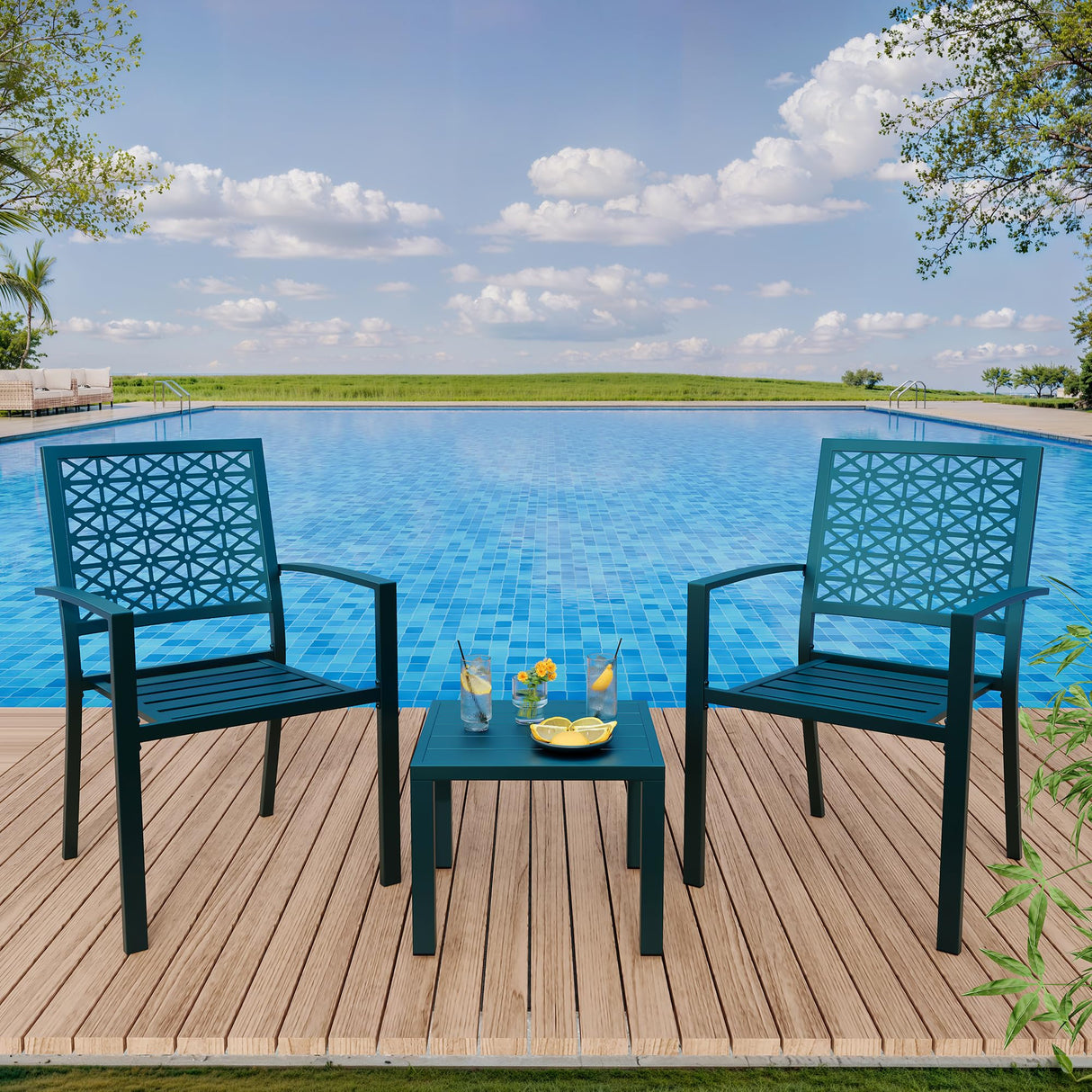 ChicCoutured 3 Piece Patio Bistro Set, Iron Art Outdoor Bistro Table and Chairs Set of 2, Stackable Patio Dining Set, Outdoor Furniture Set for Patio, Balcony, Porch, Blue ChicCoutured