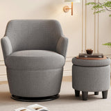 Ball & Cast Swivel Accent Arm Chair with Storage Ottoman, 360°-Swivel Barrel Chair and Footstool, Backrest Recliner Chair w/Ottoman, High Back Linen Single Sofa Side-Chair Stool w/Tray, Grey Ball & Cast