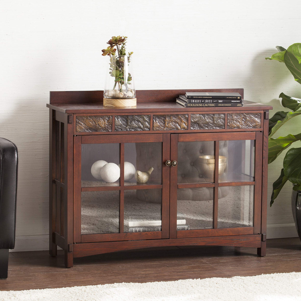 SEI Furniture Camino Mission Faux Slate Sideboard and Display Curio, Dining Room With Entryway Mission Style Ash, Brown SEI Furniture