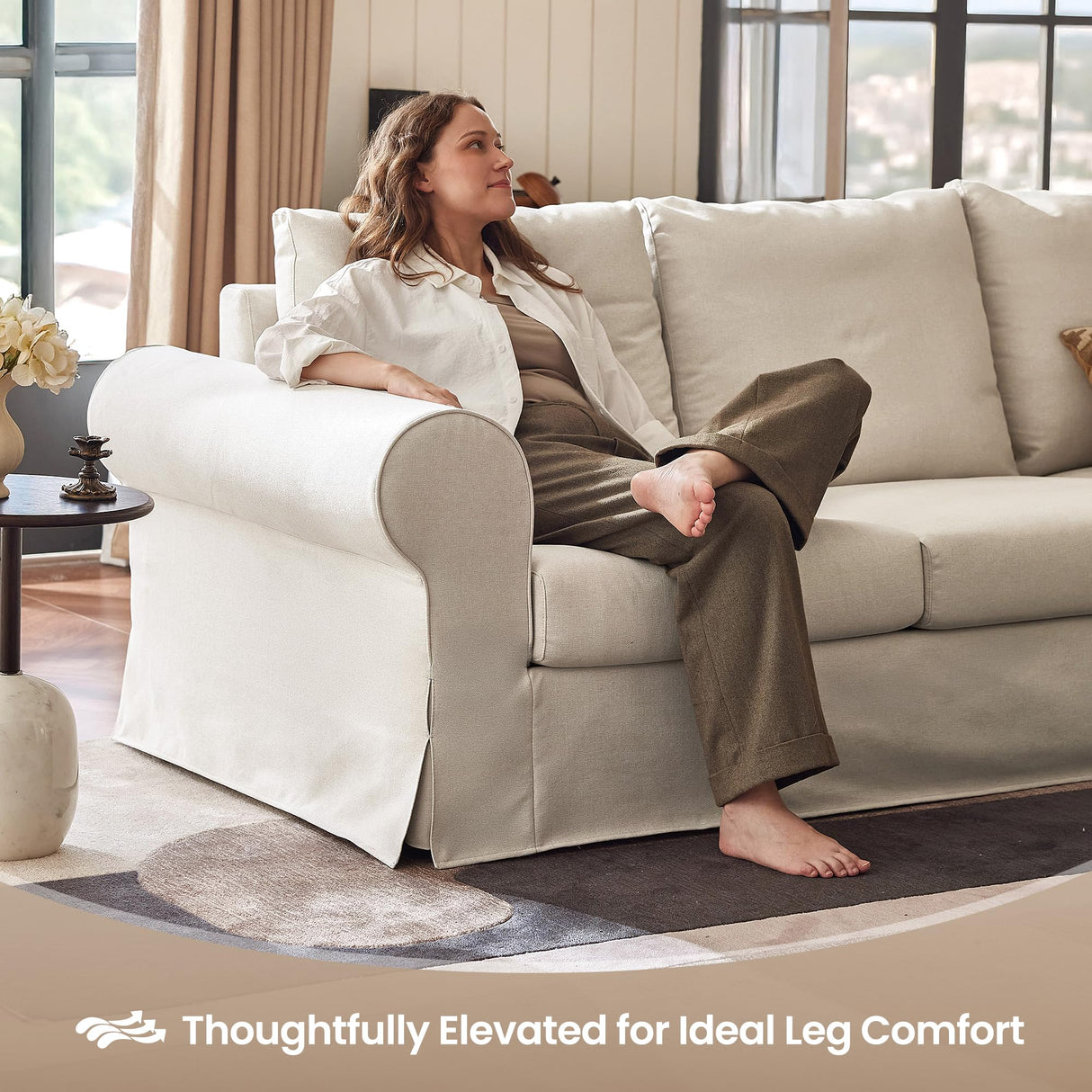 89" 3-Seater Couch, Farmhouse Slipcovered Sofa with Washable Cover, Supportive Cushions & Sturdy Frame, Rolled Arm White Couches for Living Room, Small Spaces, Apartment, Office, Easy Assembly Vorthio