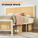 GarveeHome Queen Bed Frame with Rattan Headboard and Footboard, Bohemian Rattan Queen Size Bed Frame with Under Bed Storage, Solid Metal Foundation with Silent Slats,No Box Spring Needed GarveeHome