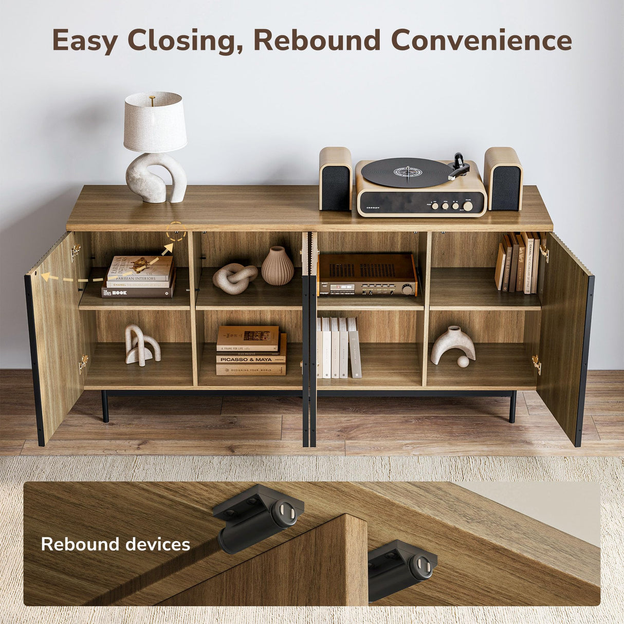 BELLEZE Sideboard Buffet Cabinet, 63" Storage Cabinet with Fluted Decorative Doors, Modern Console Table for Dinning Room, Kitchen & Living Room - Colemen (Camel) BELLEZE